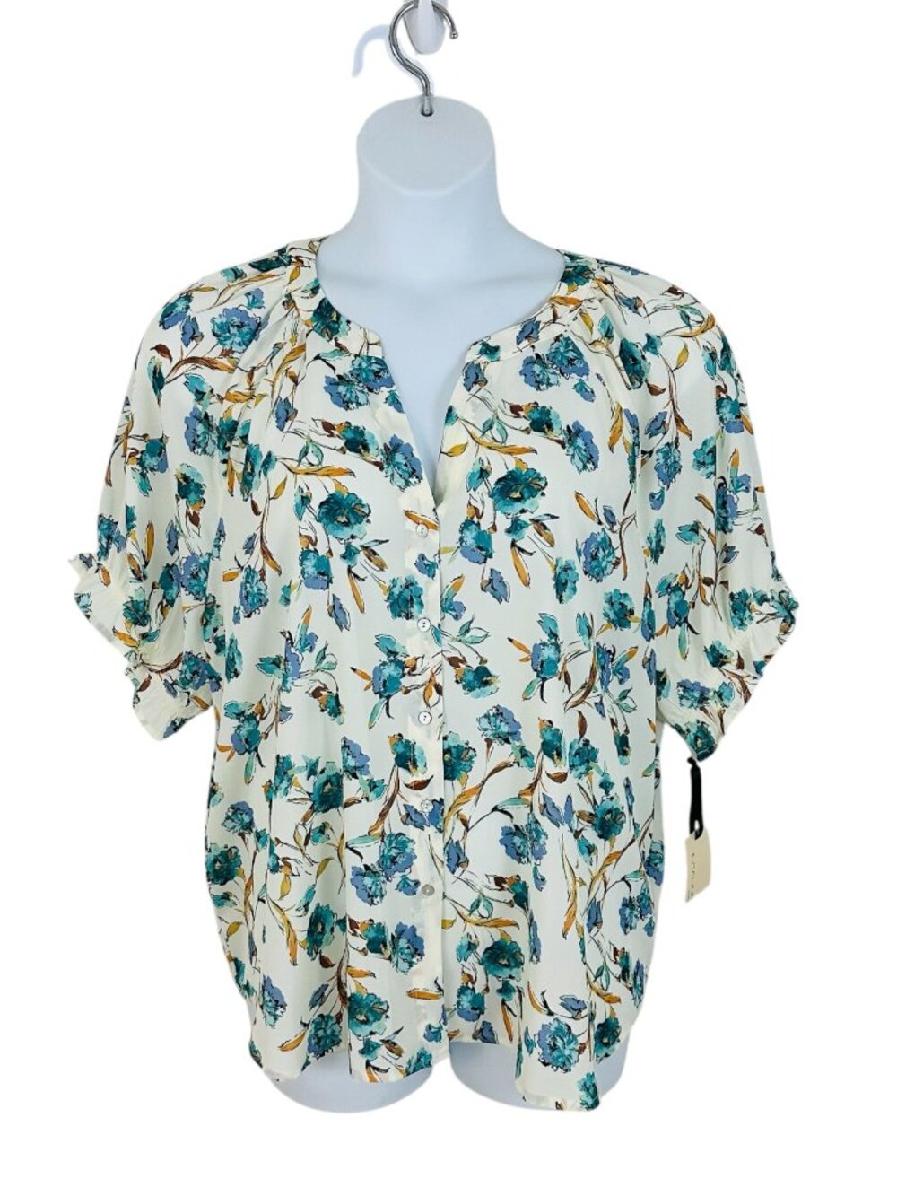 Emaline Women's Plus Size 2X Floral Short Sleeve Ivory Multi Blouse NEW